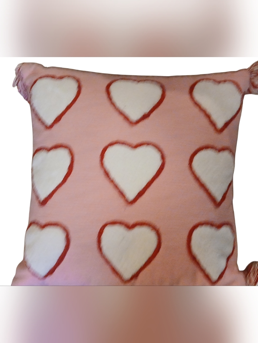 Home - Set of 2 Pink and White Pillow W/ Heart's, Tassels On Corners, 18" X 18" - Picture 6 of 8